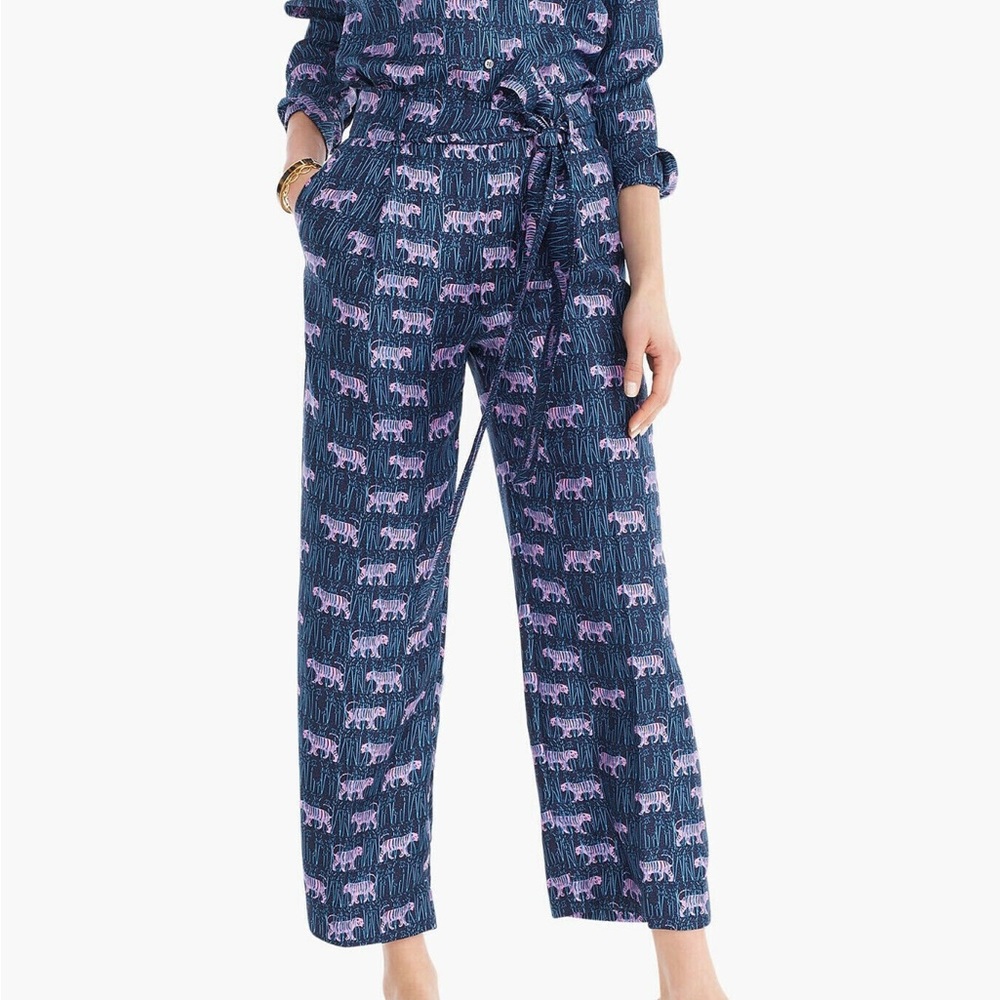 J. Crew Wide Leg Silk Pants Jungle Print Belted Tiger Pockets